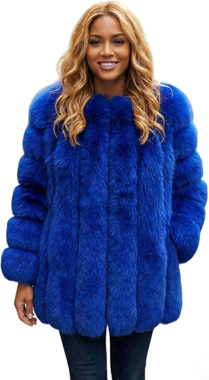 Women Elegant Fuzzy Long Faux Fur Coat Puffer Jacket Collarless Parka Winter Zip up Teddy Coat Overcoat